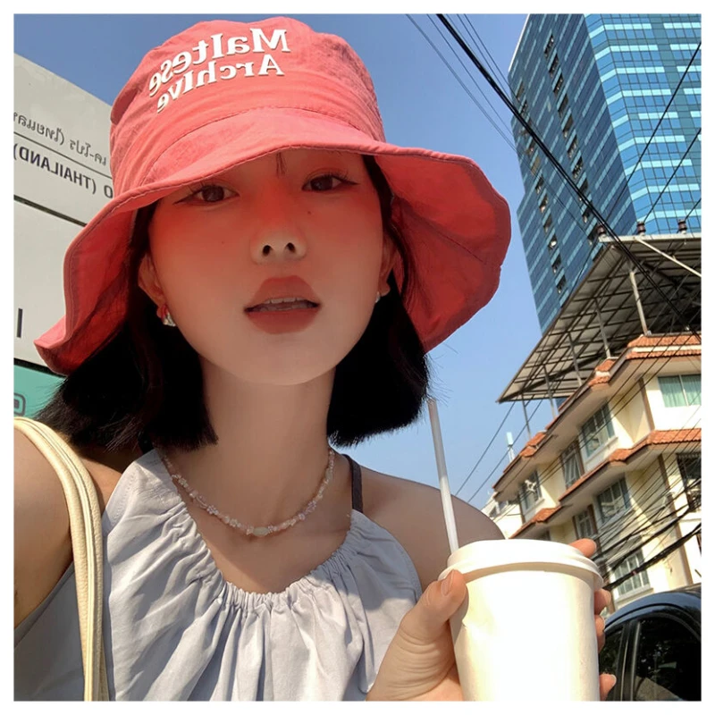 字母速干渔夫帽女夏季薄款透气显脸小盆帽大帽檐遮阳防晒帽子潮