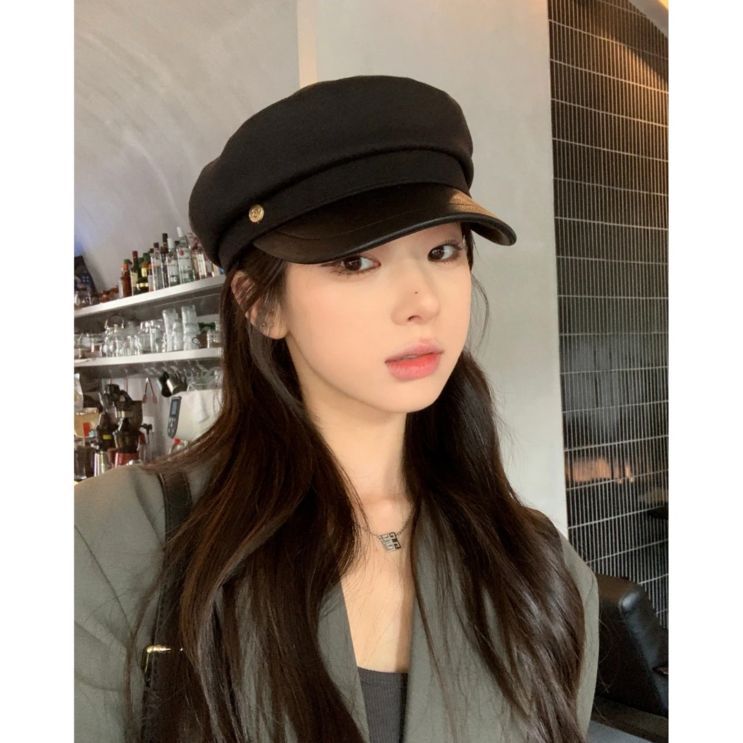 时尚网红款拼接八角帽子女时尚显瘦小帽遮时装帽平顶帽休闲鸭舌帽