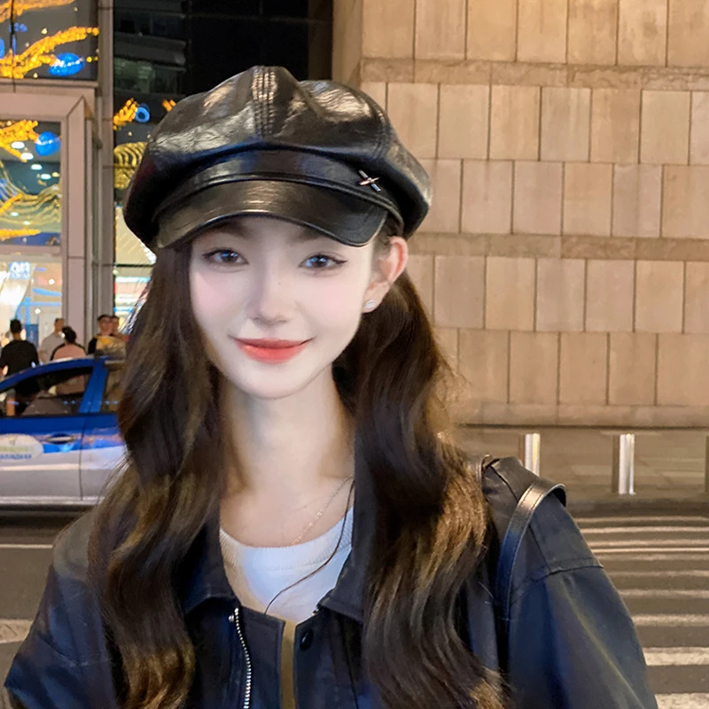 显脸小PU皮质八角帽女2024新款海军贝雷帽英伦复古报童帽子