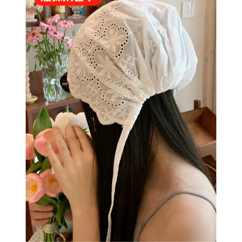 春夏新款韩版百搭慵懒风花朵系带头巾包头帽子轻薄透气设计宫廷帽
