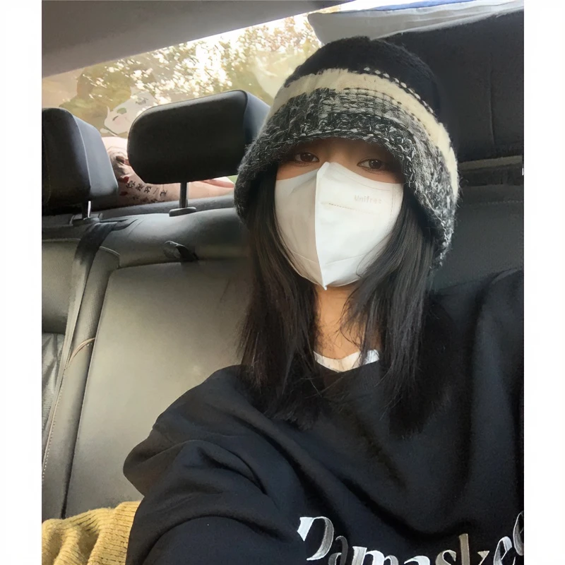 韩代款~ins博主复古小众拼接针织毛线渔夫帽女秋冬大版显脸小盆帽