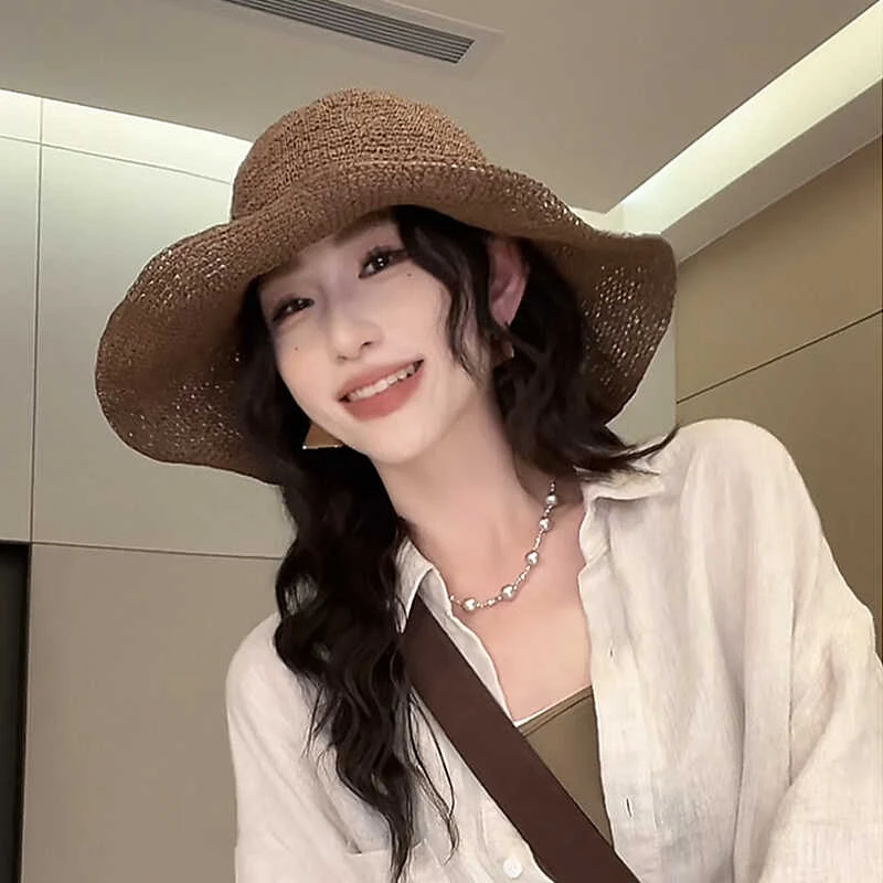 细密纸草帽子女渔夫帽女夏遮脸透气大檐可折叠防紫外线遮阳太阳帽