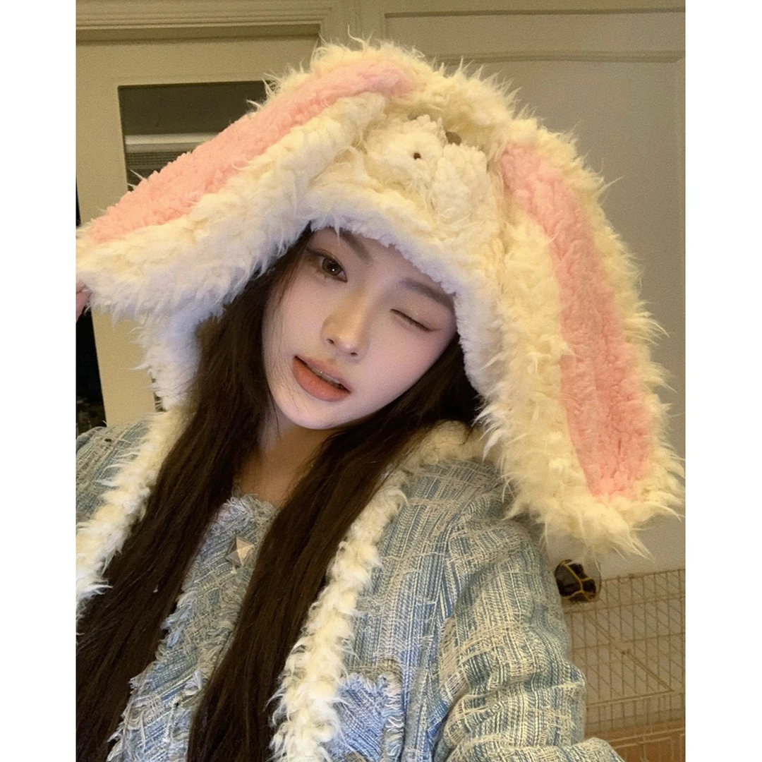 粥可可~甜酷可爱毛绒兔子耳朵雷锋帽女冬季保暖护耳帽卡通套头帽