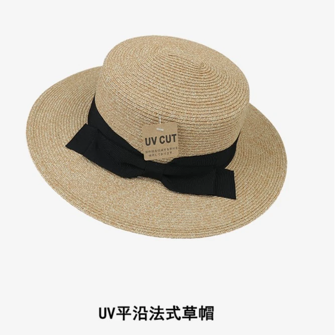 日系UV防紫外线平沿平顶草编小礼帽优雅蝴蝶结夏天遮阳防晒帽子女