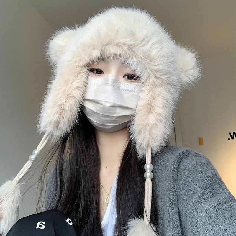 直柚 ~冬季护耳双层加厚毛绒雷锋帽子女可爱耳朵保暖护耳套头冷帽