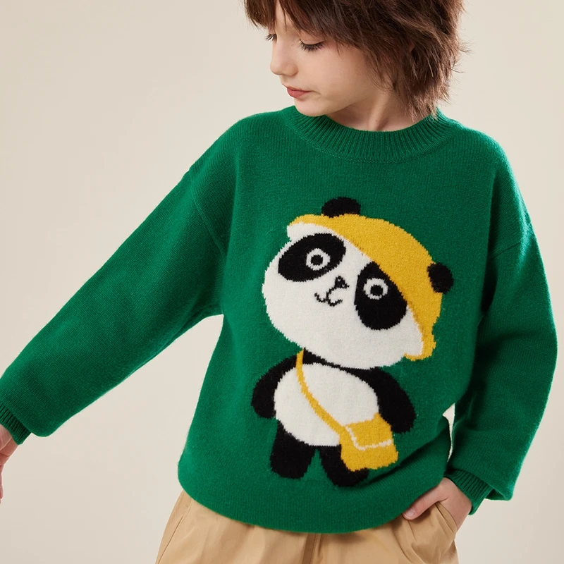 儿童羊绒衫卡通熊猫毛衣女童毛衣男童打底羊毛衫提花针织圆领秋冬
