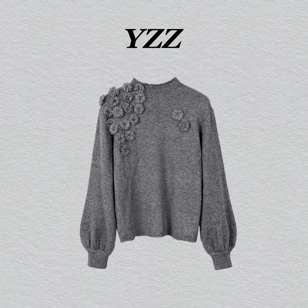 YZZ “绒你心动"慵懒气质山羊绒手工钩花绵羊毛衣 810195