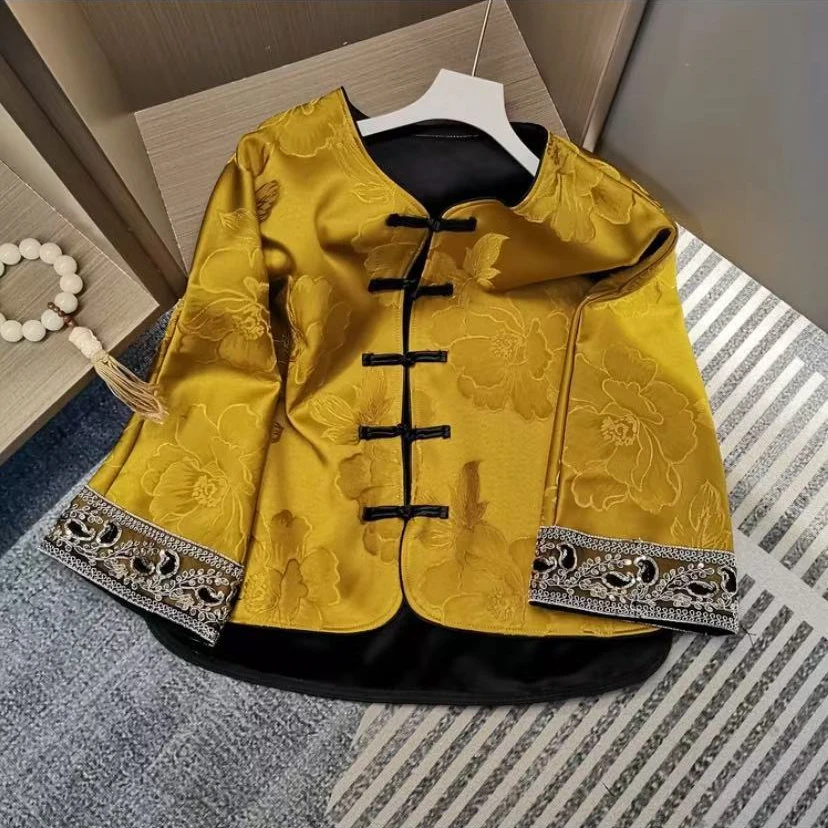 【花想容】冬季新款新中式宽松上衣国风圆领提花加绒加厚外套女款