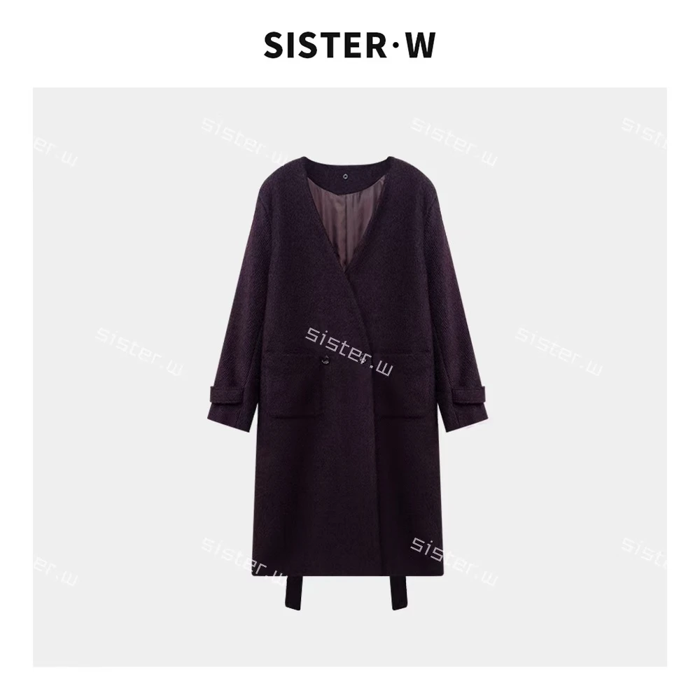 法式V领宽松阔版秋冬大衣外套 带腰带  带围巾   6035        100