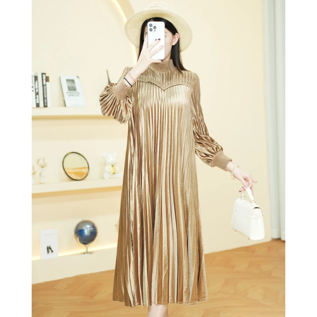 2025秋装新款高贵秋冬连衣裙气质丝绒打底长裙S3346