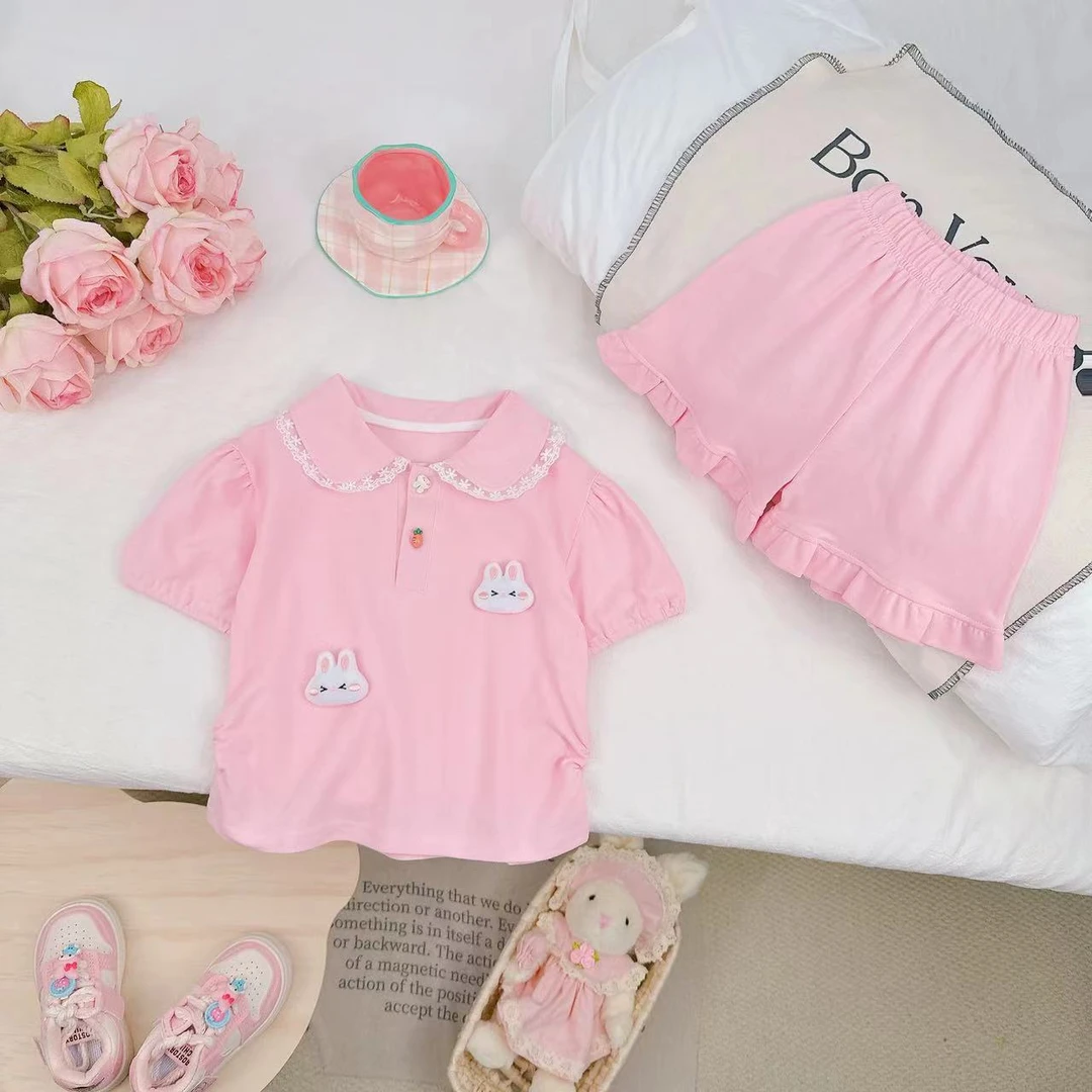 2024新款夏装卡通休闲兔子玩偶蕾丝花边女童套装 D-AB413