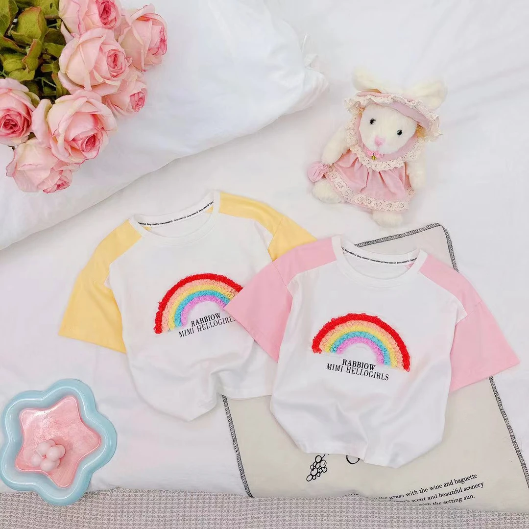 夏款新款女童洋气彩虹拼色T恤.D-C928