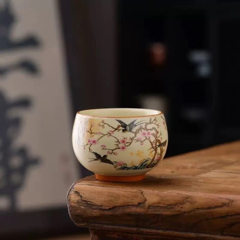 米黄汝喜上眉梢铜钱主人杯