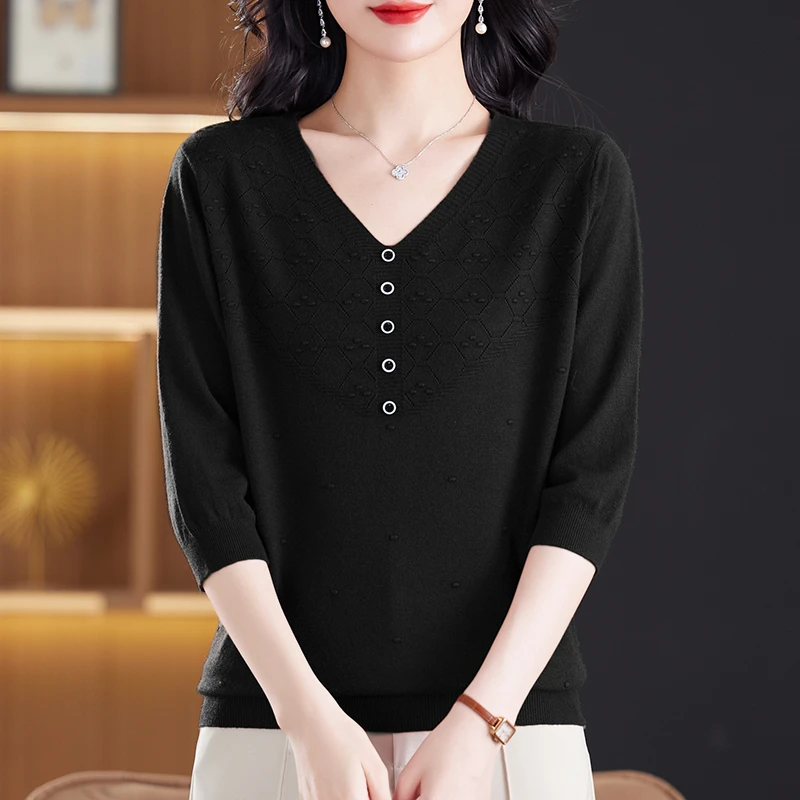 中年妈妈春秋七分袖针织衫女宽松特大码V领T恤洋气小衫上衣打底衫