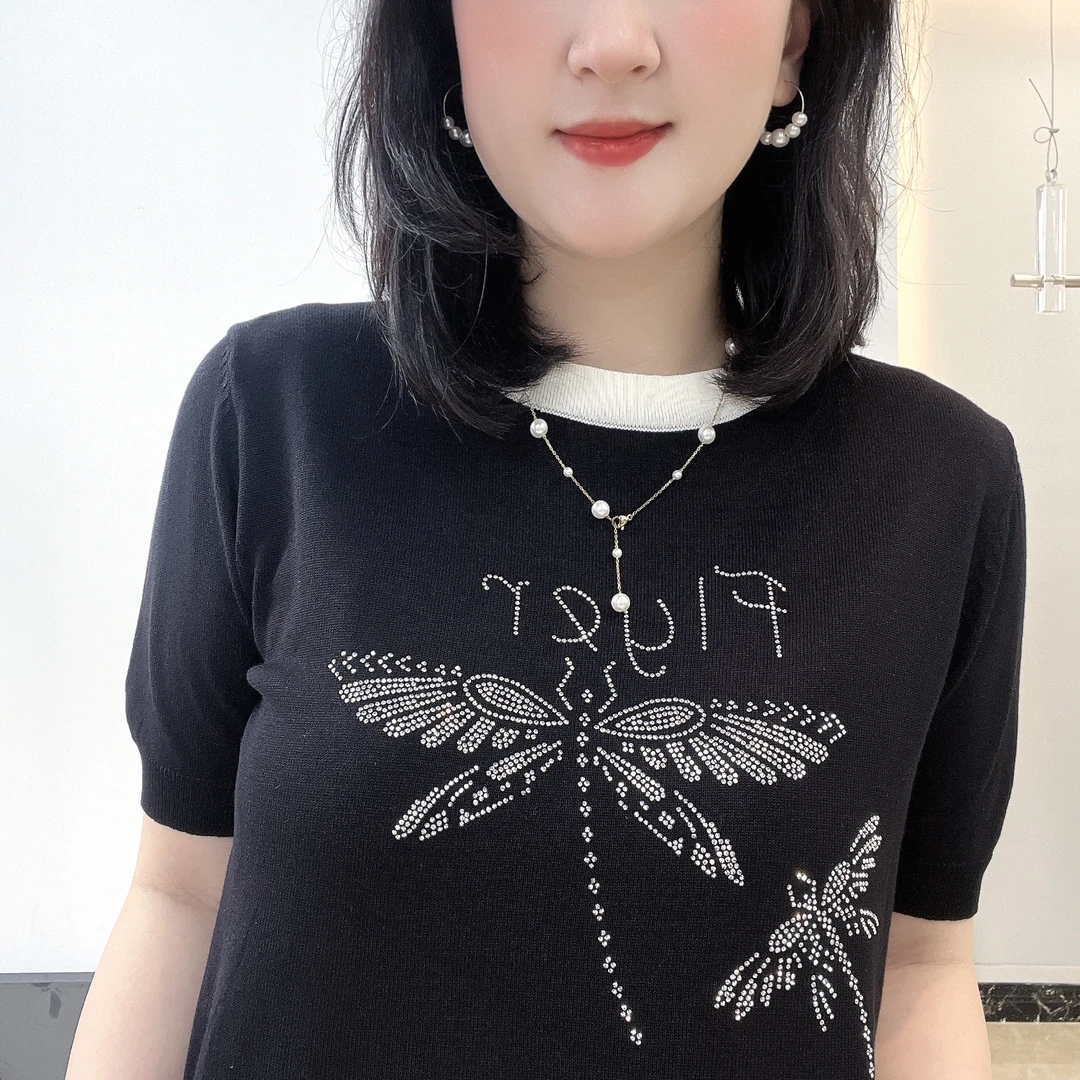 24夏季冰丝薄款高级感撞色圆领针织衫女款设计感蜻蜓烫钻短袖上衣