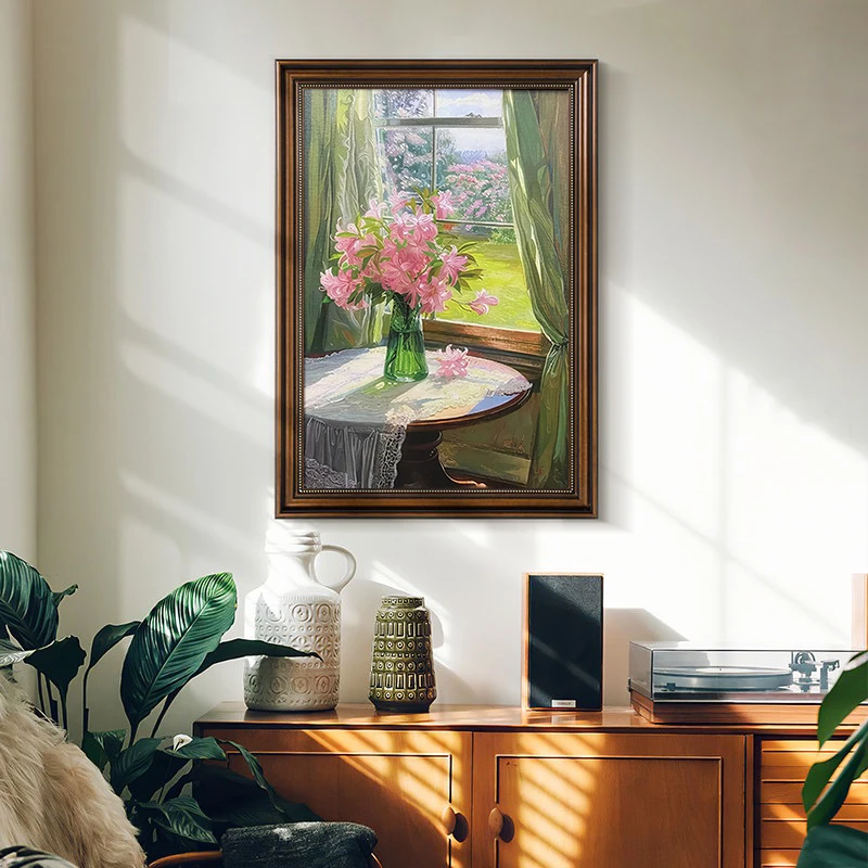 074《窗边花语》法式复古客厅装饰画小众高级感餐厅卧室花卉壁画