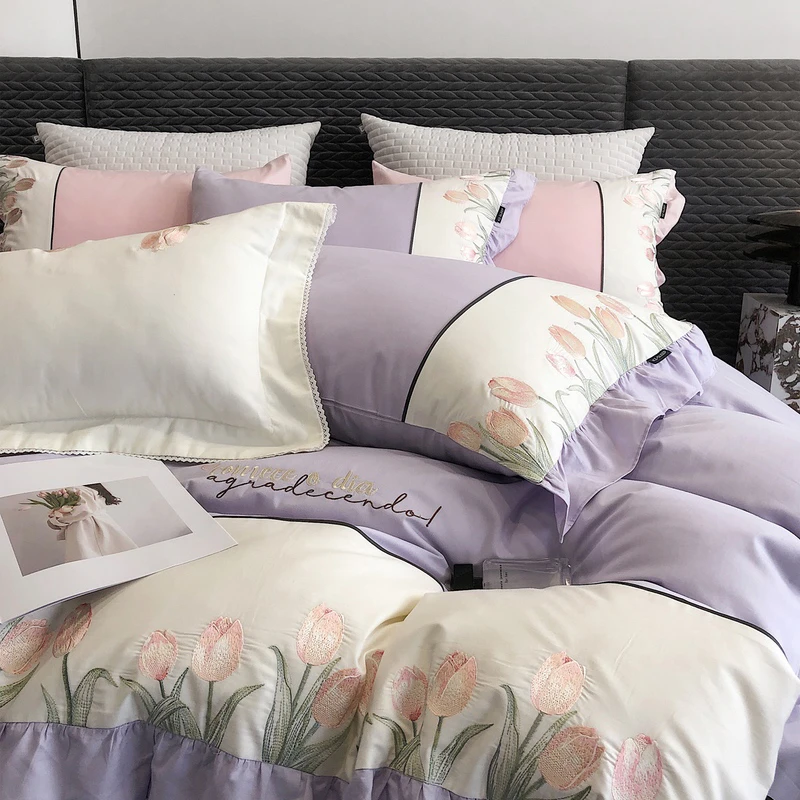 1601  床上四件套全棉粉色郁金香紫