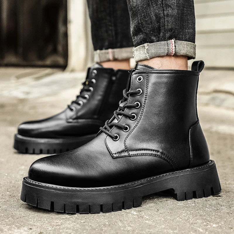 马丁靴男款加绒保暖新款英伦风潮男百搭一脚蹬防寒战术休闲