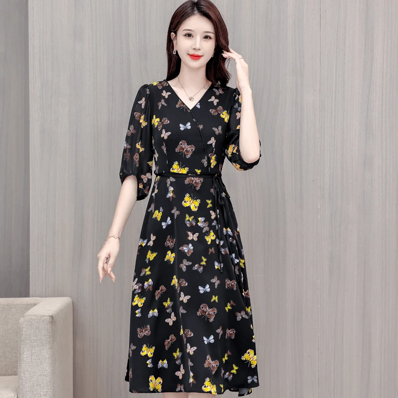9563彩色蝴蝶碎花连衣裙2024新款显瘦收腰夏季印花女装连衣裙