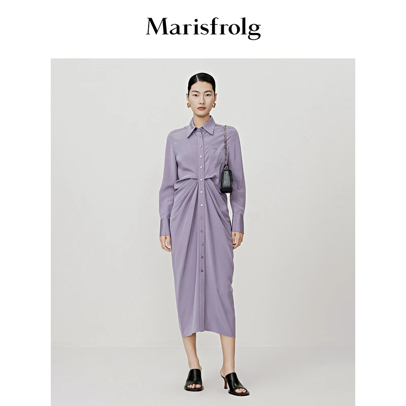 玛丝菲尔气质长袖长款单排通勤衬衫式连衣裙A1CX33716