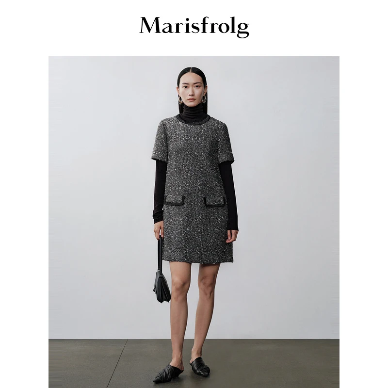 【达人专享】玛丝菲尔黑色设计师中长轻奢秋冬时尚连衣裙