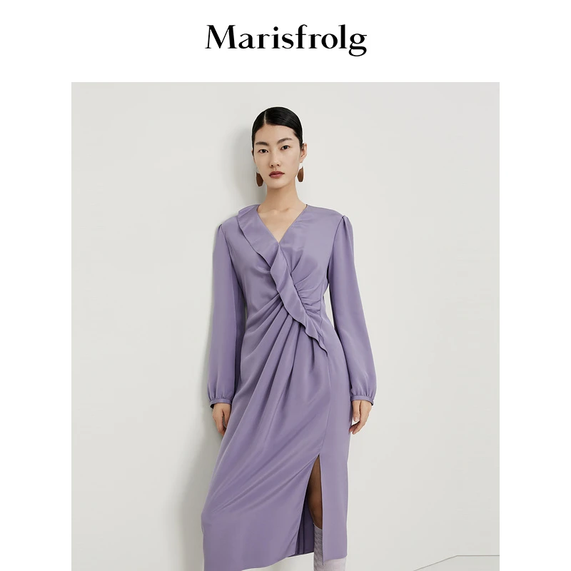 Marisfrolg/玛丝菲尔轻奢V领连衣裙纯色气质长袖长款A1CX33736