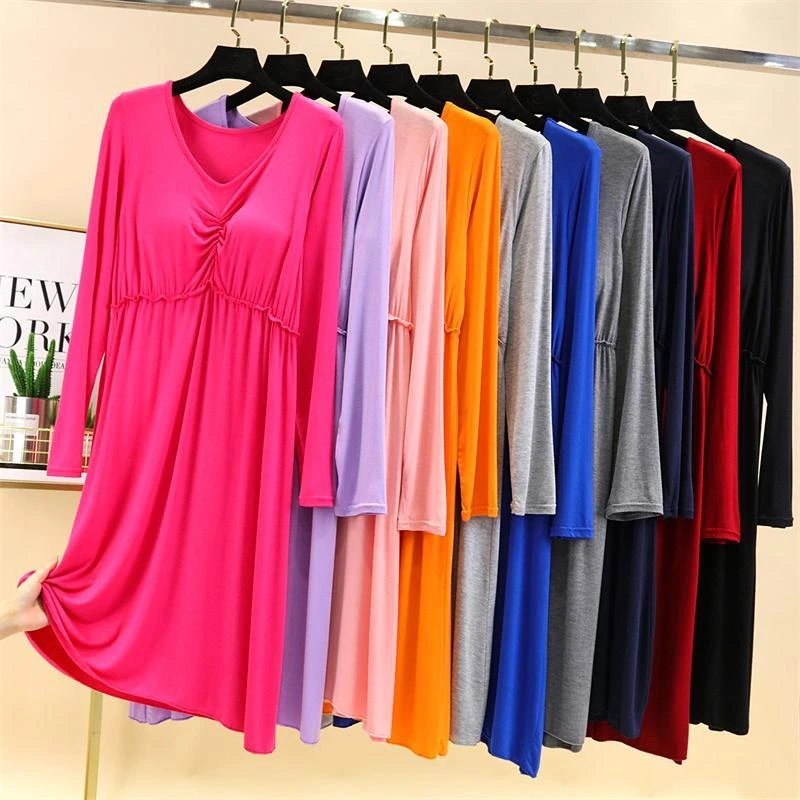 女春秋莫代尔带胸垫一体睡裙宽松显瘦长袖A字裙薄款连衣裙家居裙