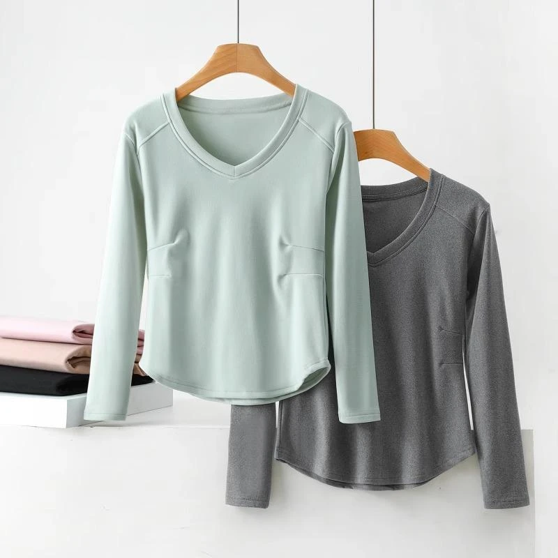 新款德绒V领长袖T恤女士秋冬内搭大码打底衫百搭加绒加厚发热上衣