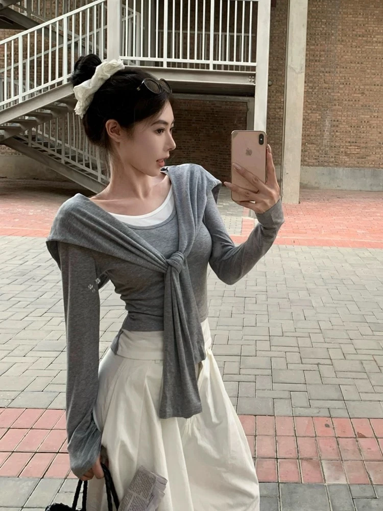 辣妹修身减龄假两件灰色拼接长袖上衣T恤搭配显瘦披肩两件套装女