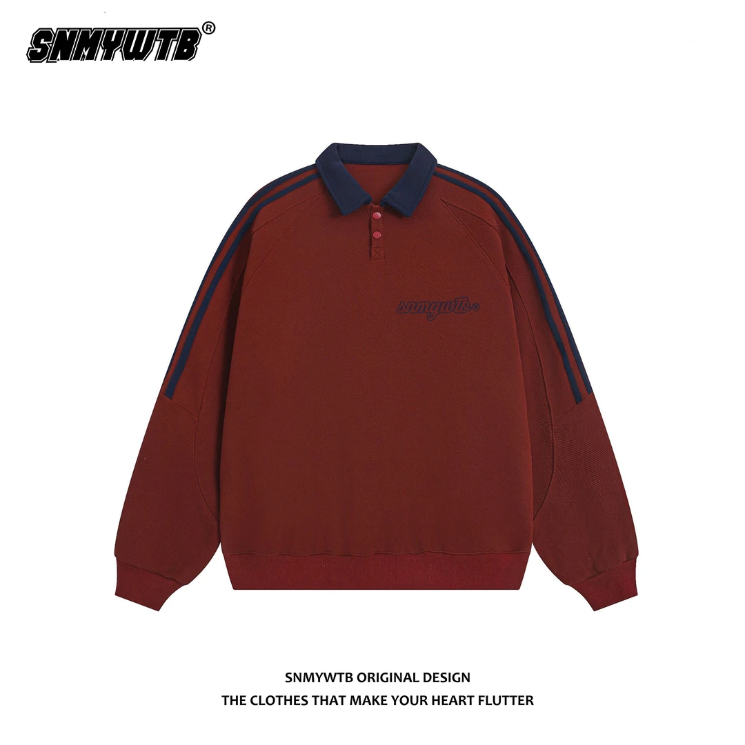 SNMYWTB美式复古撞色条纹翻领卫衣宽松男女同款学院风长袖百搭