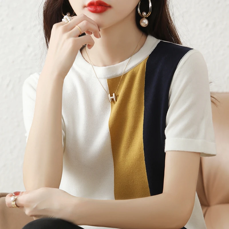 100纯棉#夏季圆领套头撞色显瘦时尚拼色薄款百搭针织上衣短袖女