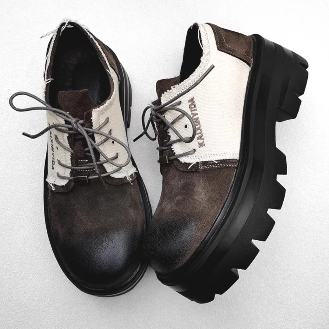 美式德比鞋男女同款情侣英伦风翻毛皮工装鞋厚底增高低帮马丁靴子
