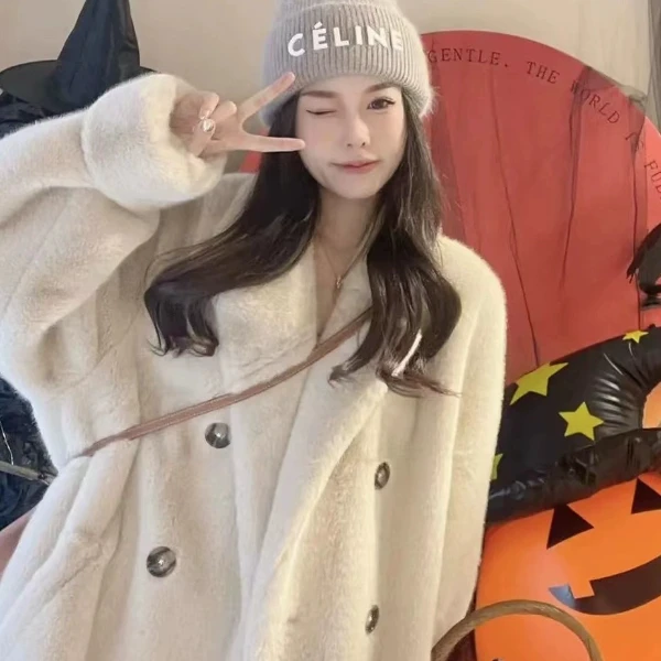 糕糕毛皮毛一体大衣环保水貂外套女长款保暖宽松上衣冬季新款