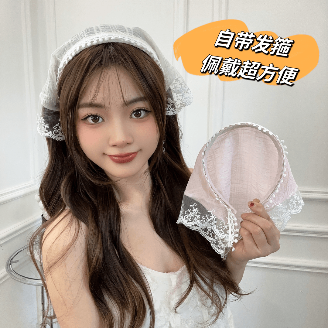 法式田园风复古蕾丝花朵头巾女气质甜美可爱三角巾高级感时尚发箍