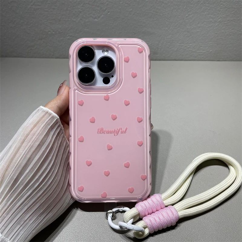 粉色爱心苹果15promax手机壳挂绳iPhone14可爱ins风13全包防摔12