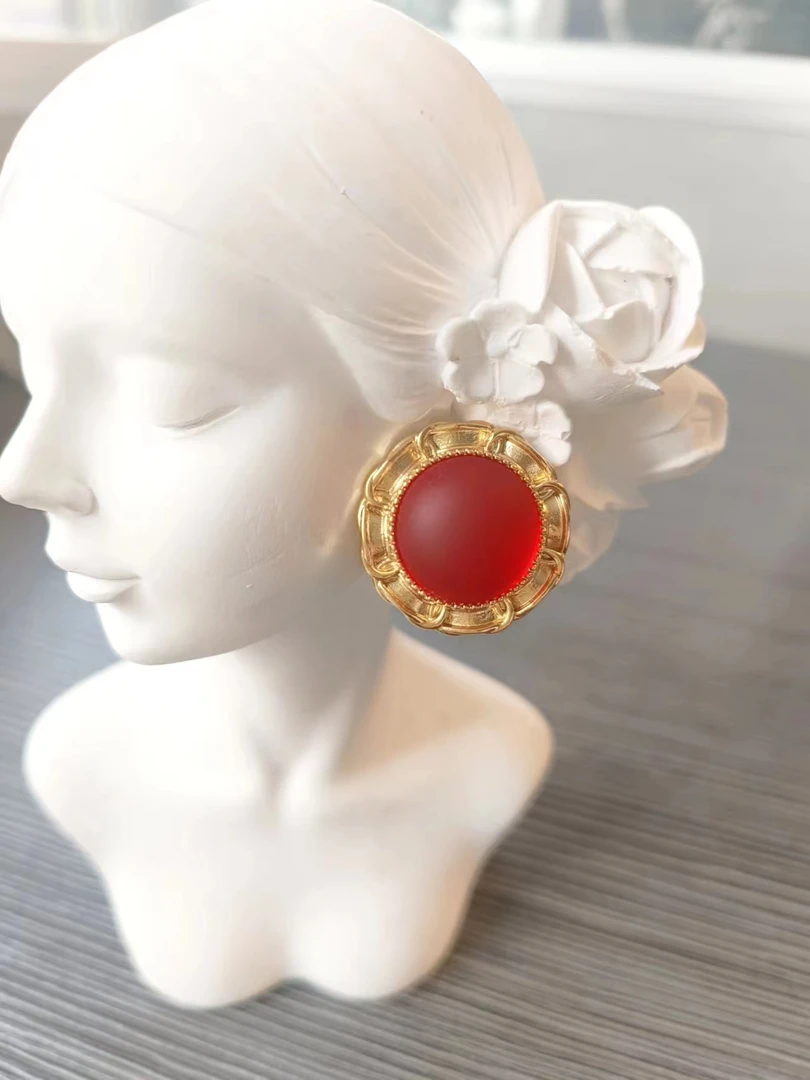 铜合金耳饰 复古A120 圣诞新年红色磨砂气质大气耳钉新款法式百搭