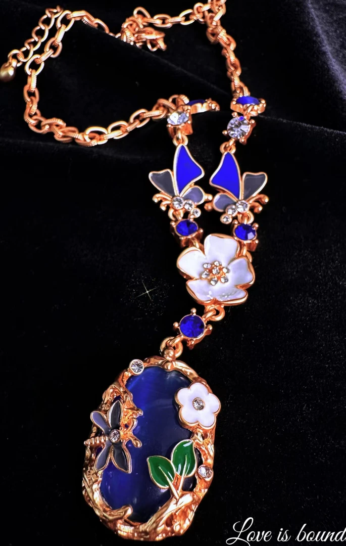 铜合金项链 A188 欧美饰品配饰蝶恋花滴釉项链卫衣毛衣链女复古