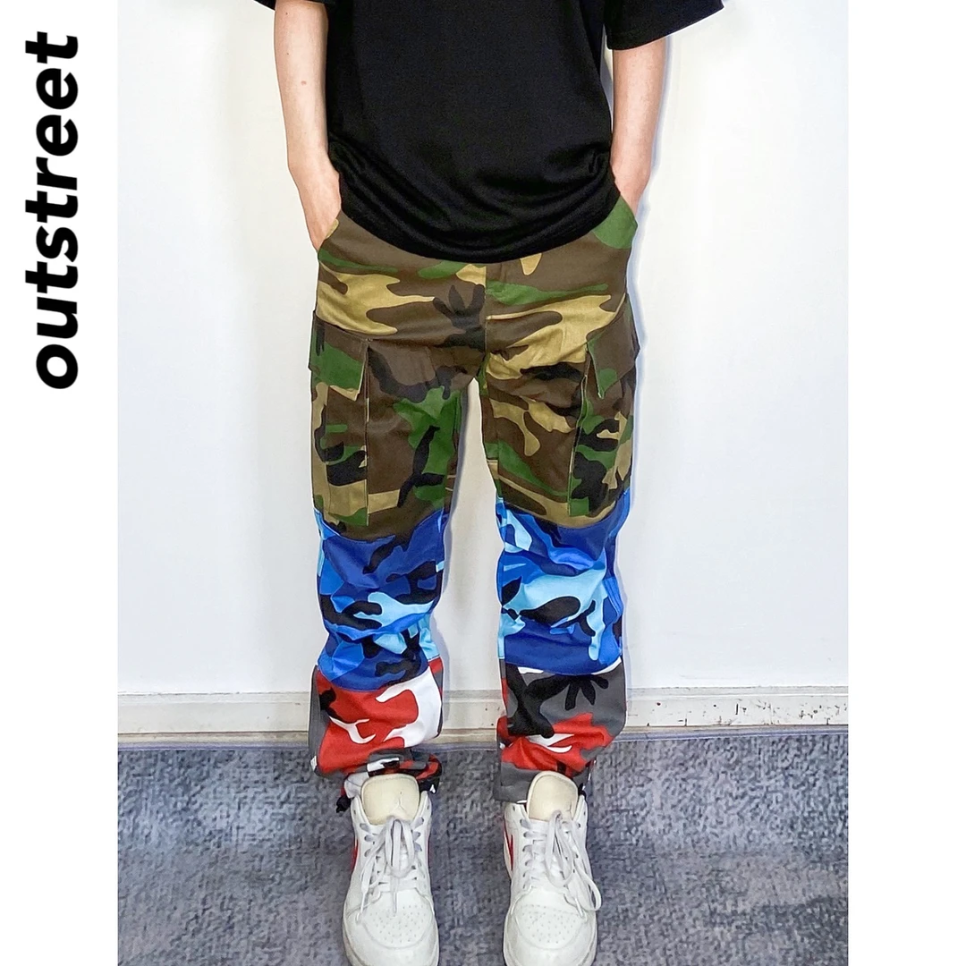 美式街头复古嘻哈迷彩拼接工装裤男士大口袋束脚潮流休闲裤男女潮