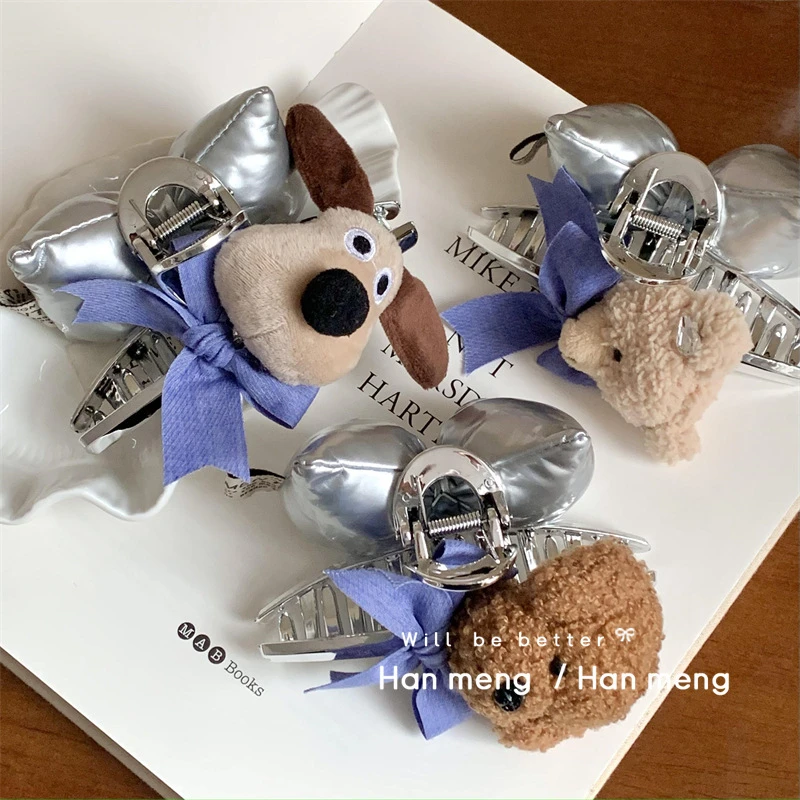 可爱毛绒泰迪抓夹蝴蝶结发夹女孩发抓大号不伤发头饰鲨鱼夹发卡女