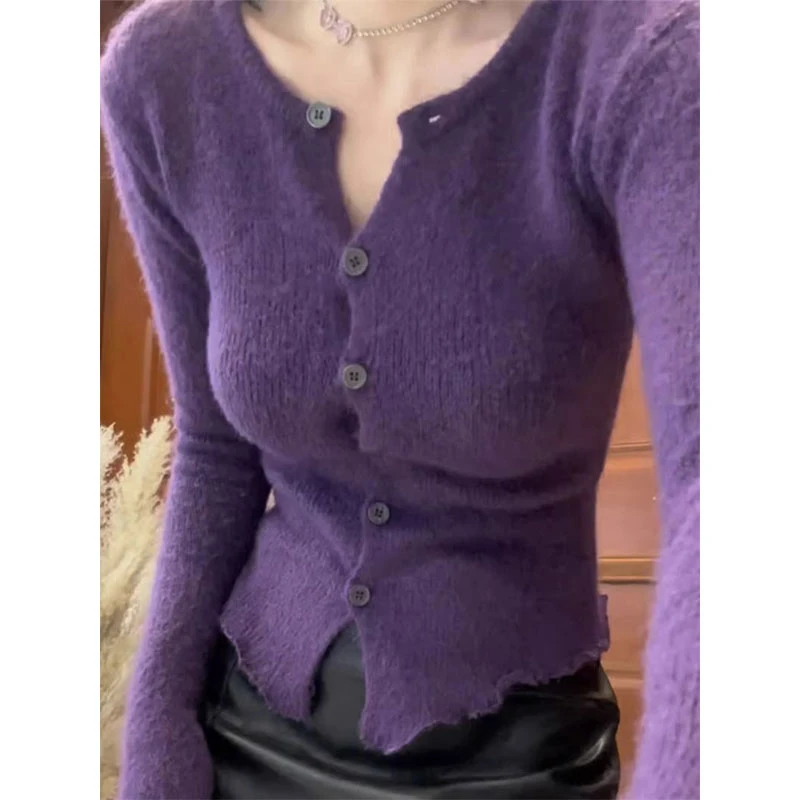 秋冬季女装韩版别致chic减龄漂亮洋气绝美打底衫紫色毛衣针织上衣