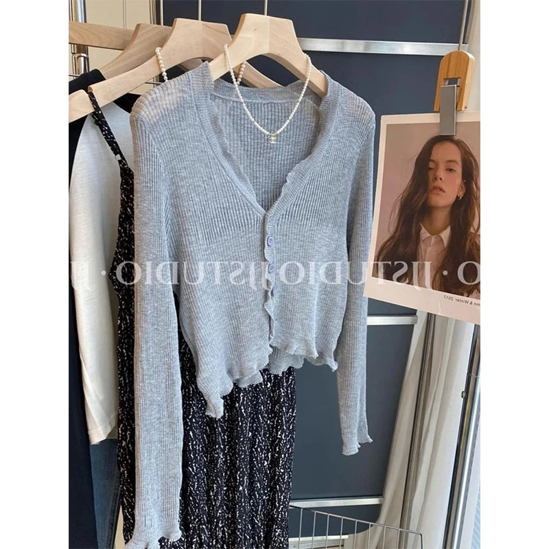 v领木耳边冰丝针织防晒开衫女夏季薄款外搭披肩空调衫长袖针织衫