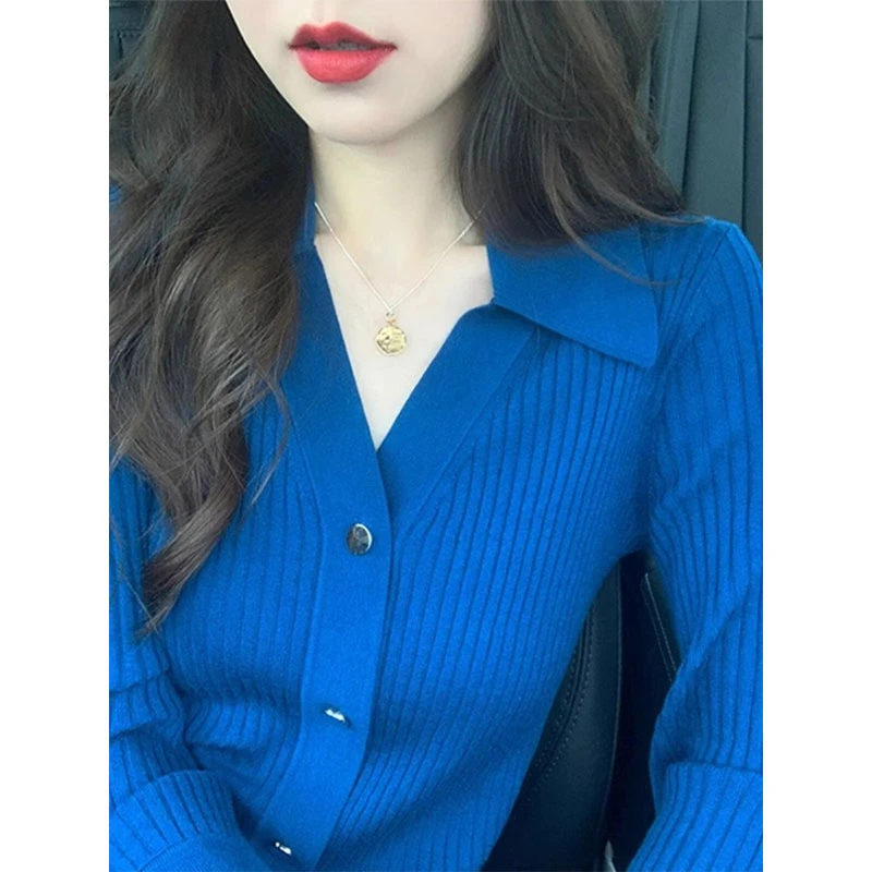 2023年蓝色上衣独特别致打底衫内搭毛衣春秋季长袖v领针织开衫女