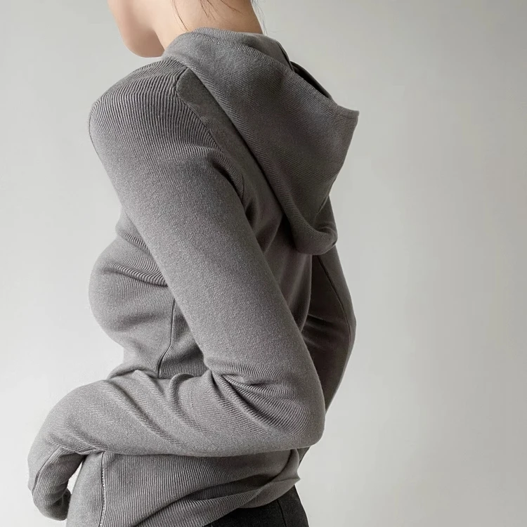 法式复古灰色针织毛衣内搭打底衫连帽修身显瘦女秋冬软糯上衣薄