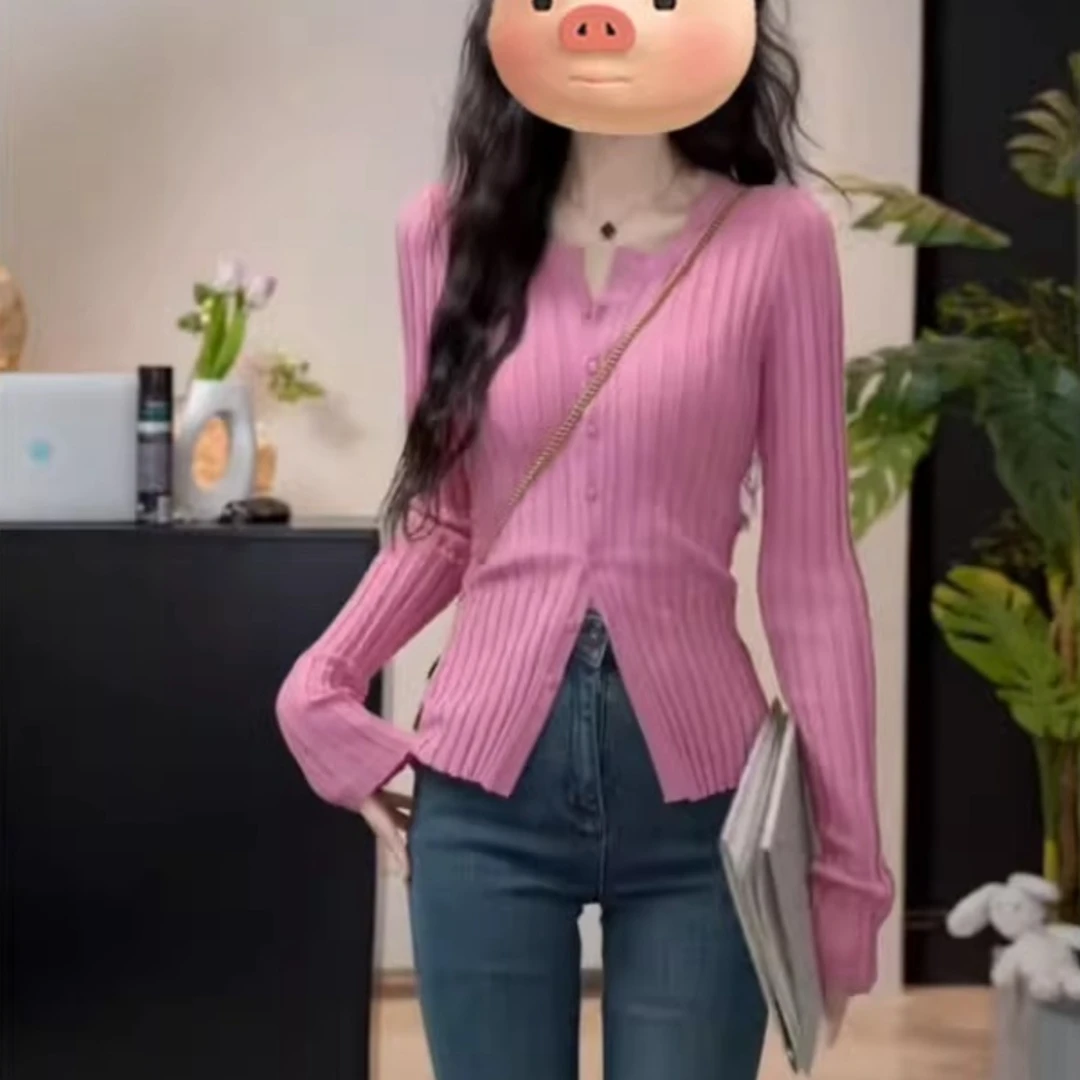 粉色V领长袖针织开衫女早秋新款修身内搭毛衣打底衫chic上衣