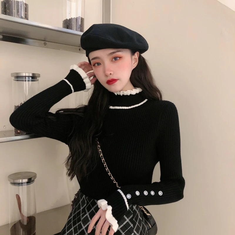 喇叭袖毛衣女设计感别致秋冬季紧身黑色半高领百搭针织打底衫上衣