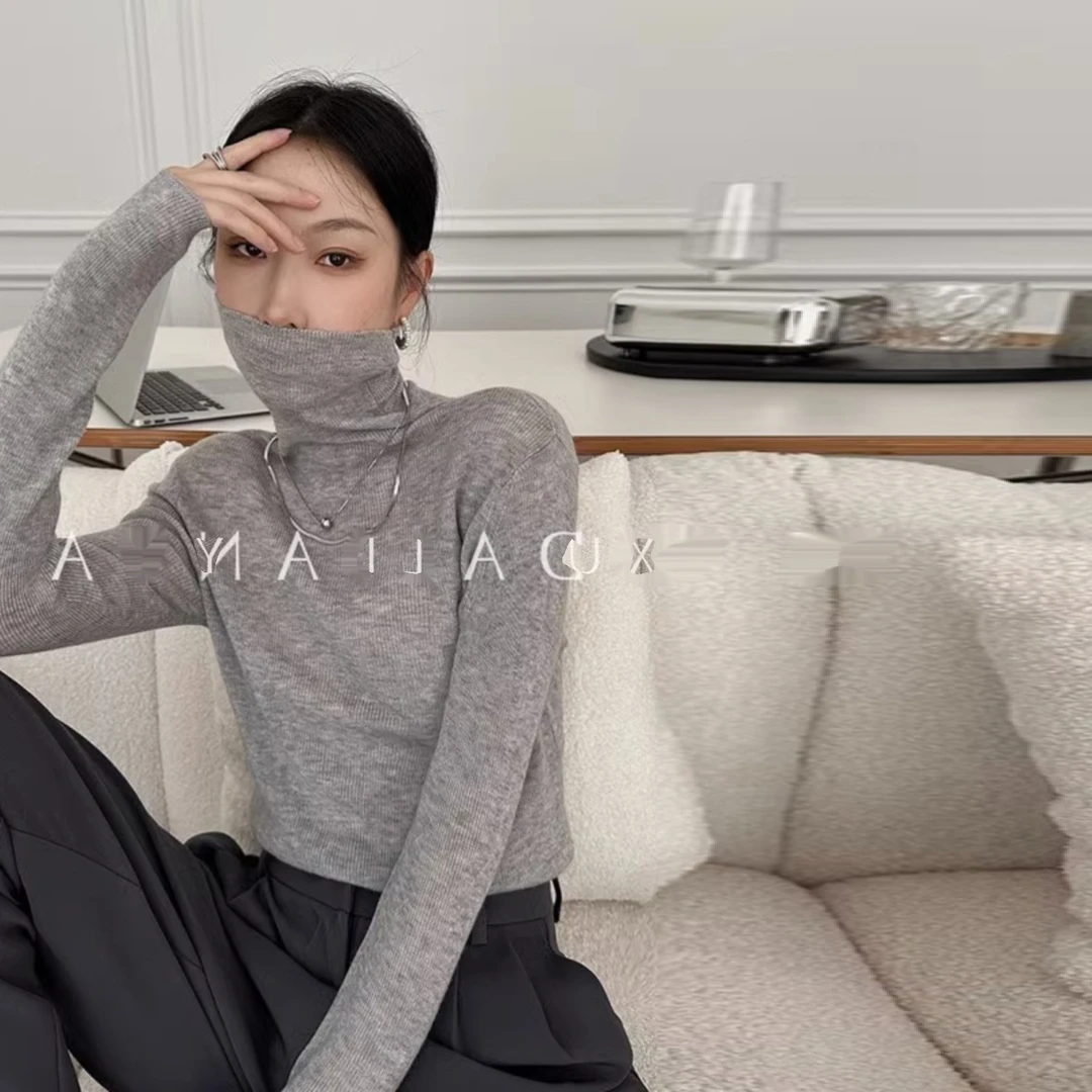 灰色堆堆高领针织衫女秋冬季高级感内搭打底毛衣软糯紧身洋气上衣