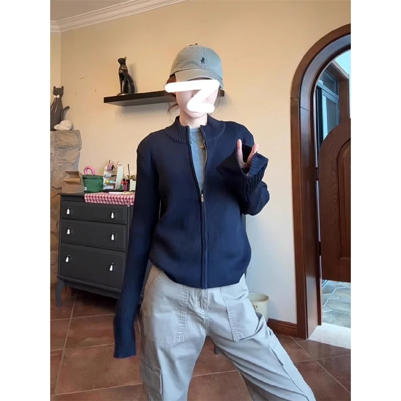 美式立领拉链针织外套女开衫秋季修身短款藏青色毛衣内搭秋冬上衣