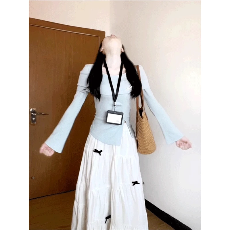 法式温柔风蓝色一字肩针织上衣女装早秋穿搭设计感内搭打底衫上衣