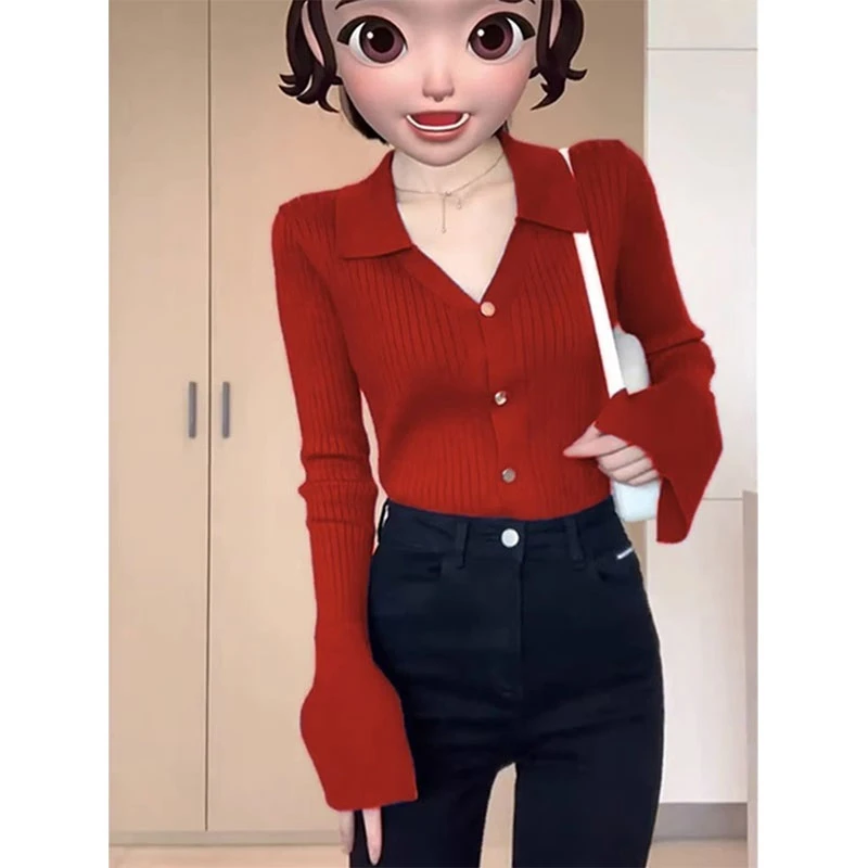 法式复古红色Polo领针织开衫2024年秋季新款修身内搭坑条打底上衣