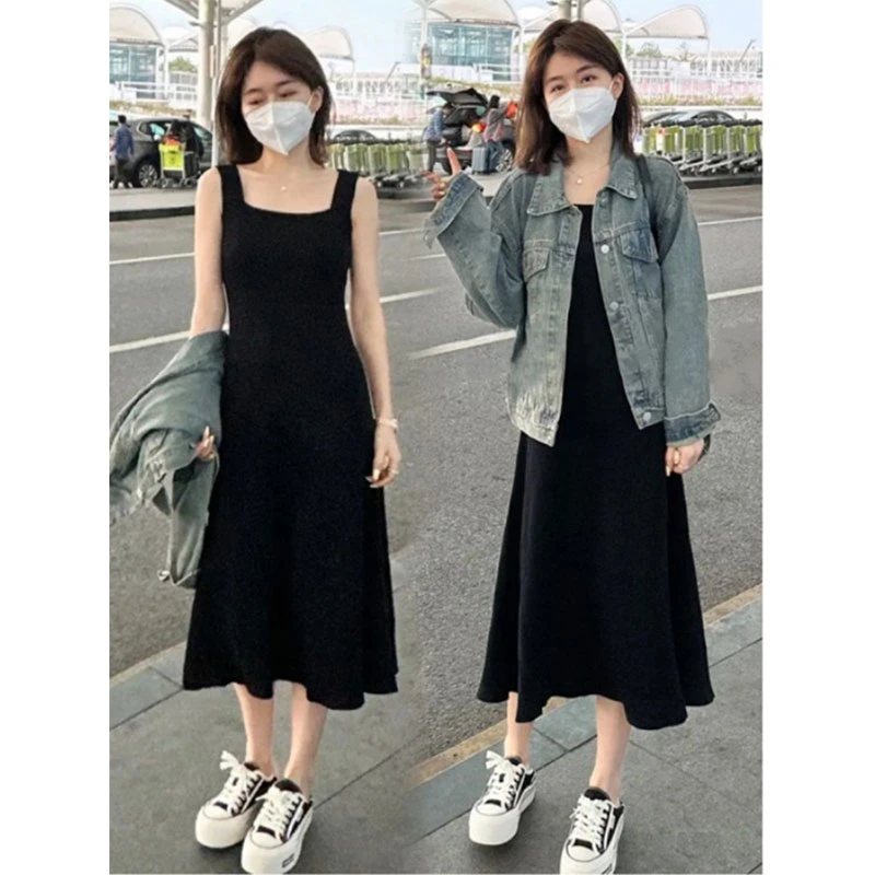 2025新款针织吊带连衣裙女一字领遮肉显瘦收腰中长款内搭打底长裙